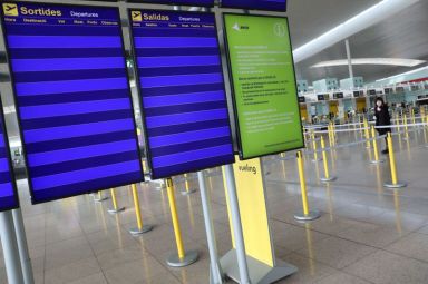 FILE PHOTO: Empty departures boards at Josep Tarradellas Barcelona-El Prat