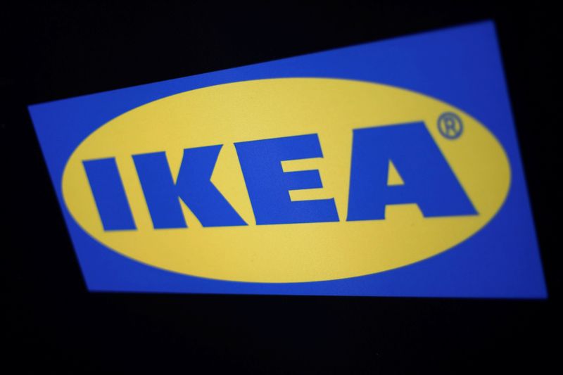 The logo of the Swedish furniture giant IKEA is seen