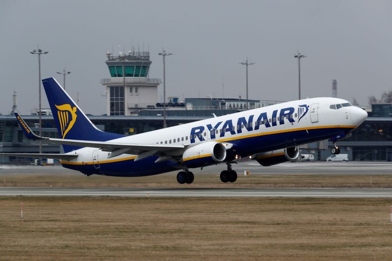 FILE PHOTO: Ryanair Boeing 737-8AS plane takes off in Riga,