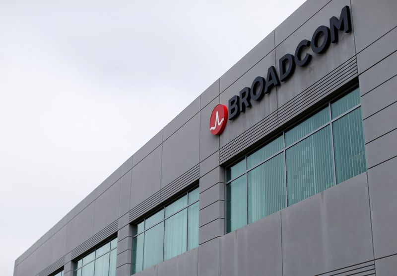 Broadcom Limited company logo is pictured on an office building