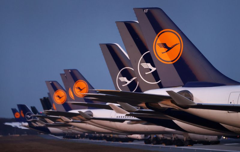 FILE PHOTO: Planes of German carrier Lufthansa parked on a