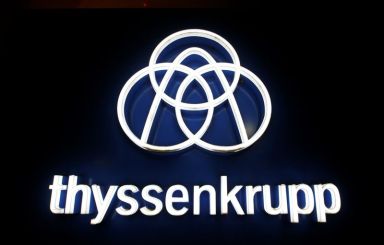 Thyssenkrupp’s logo is seen outside elevator test tower in Rottweil