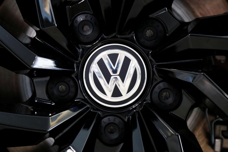 The logo of German carmaker Volkswagen is seen on a