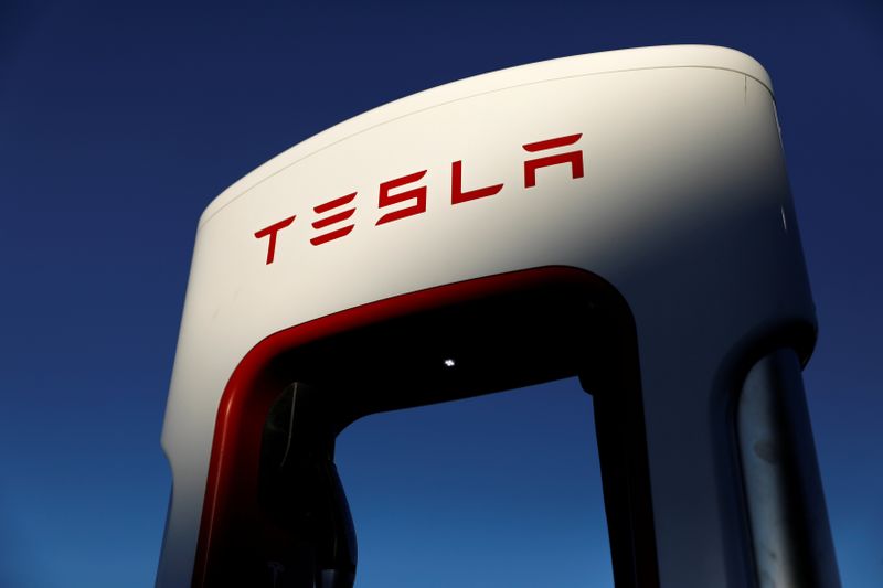FILE PHOTO: Tesla super chargers are shown in Mojave, California