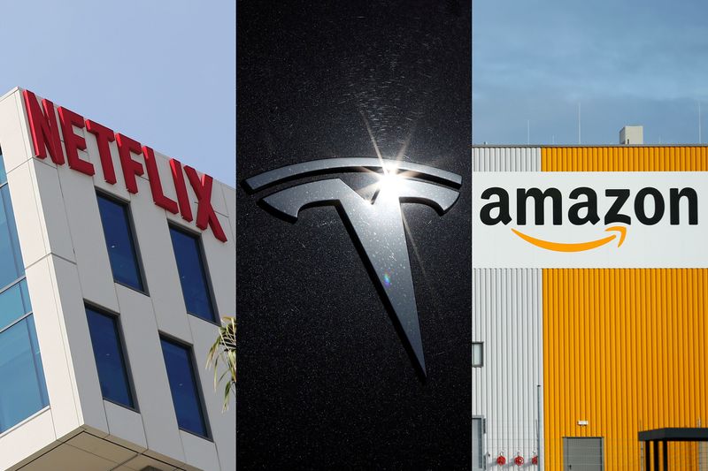 The logos of Netflix, Tesla and Amazon are seen in