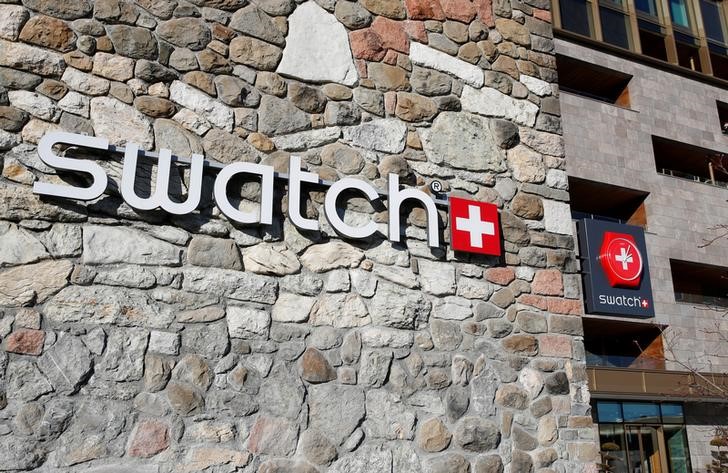 FILE PHOTO: Logo of Swiss watch manufacturer Swatch is seen