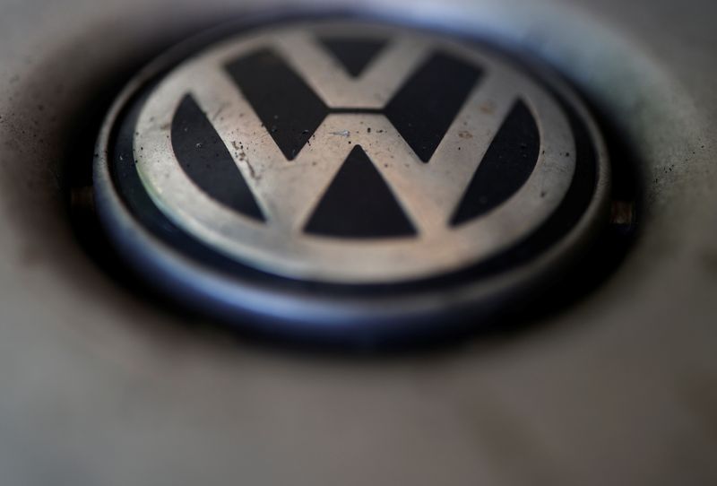 A logo of German carmaker Volkswagen is seen on a
