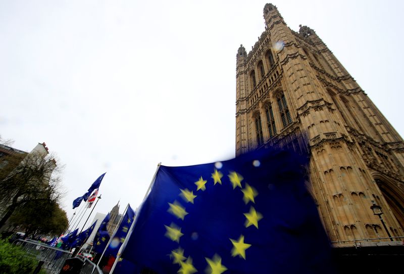 European Union flags are seen outside the Houses of Parliament