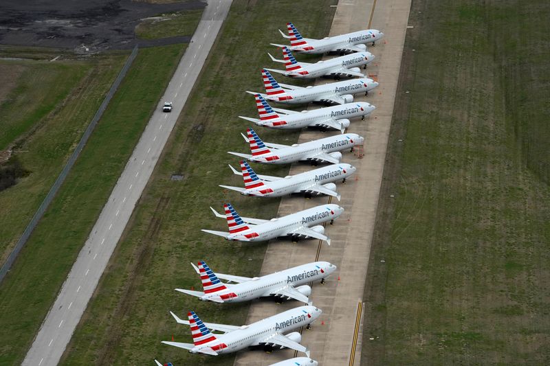American Airlines 737 Max passenger planes are parked on the