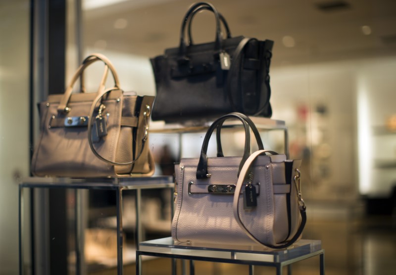 Handbags are pictured through a window of a Coach store