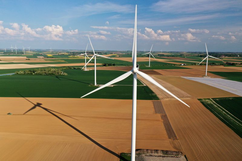 FILE PHOTO: An aerial view shows power-generating windmill turbines in