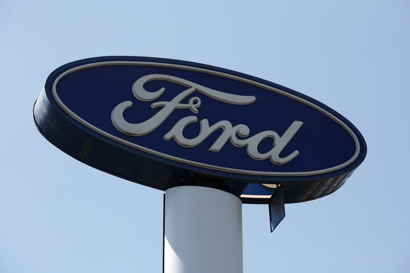Sign of Ford is pictured at a car dealership in