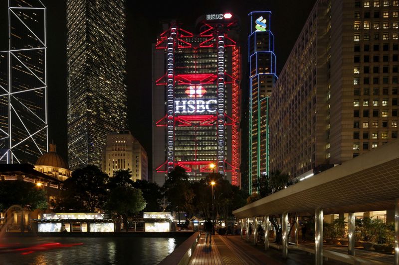 FILE PHOTO: The HSBC headquarters is lit up at the