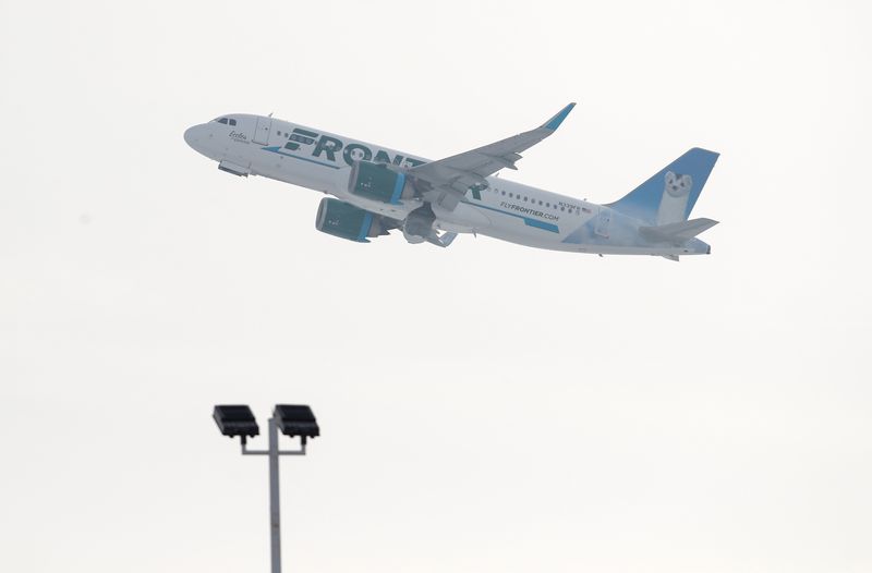 FILE PHOTO:  A Frontier Airlines Airbus A320neo plane departs