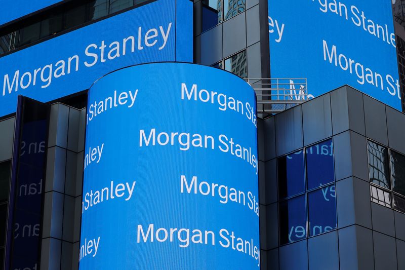 A sign is displayed on the Morgan Stanley building in