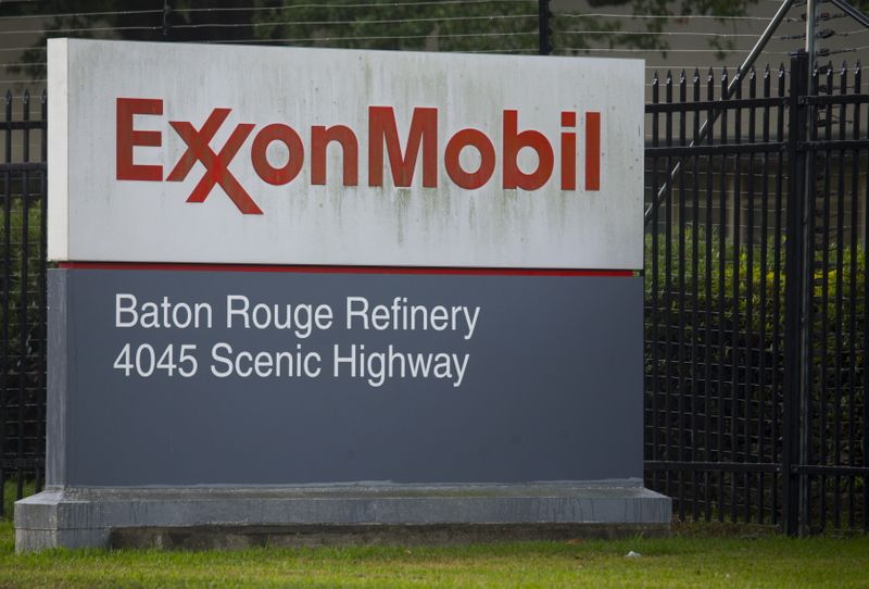 A sign is seen in front of the Exxonmobil Baton