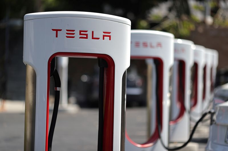 FILE PHOTO: A Tesla SuperCharger station is seen in Los