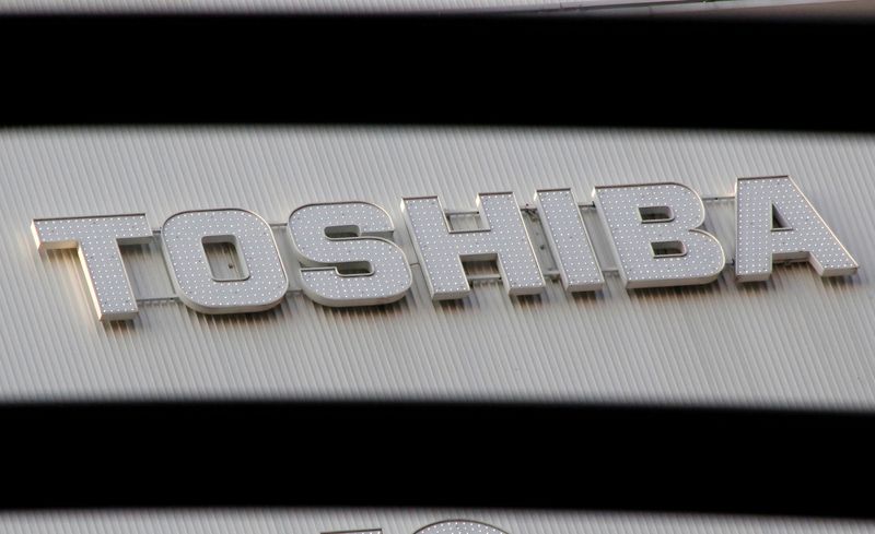 FILE PHOTO: Logo of Toshiba Corp is seen outside an