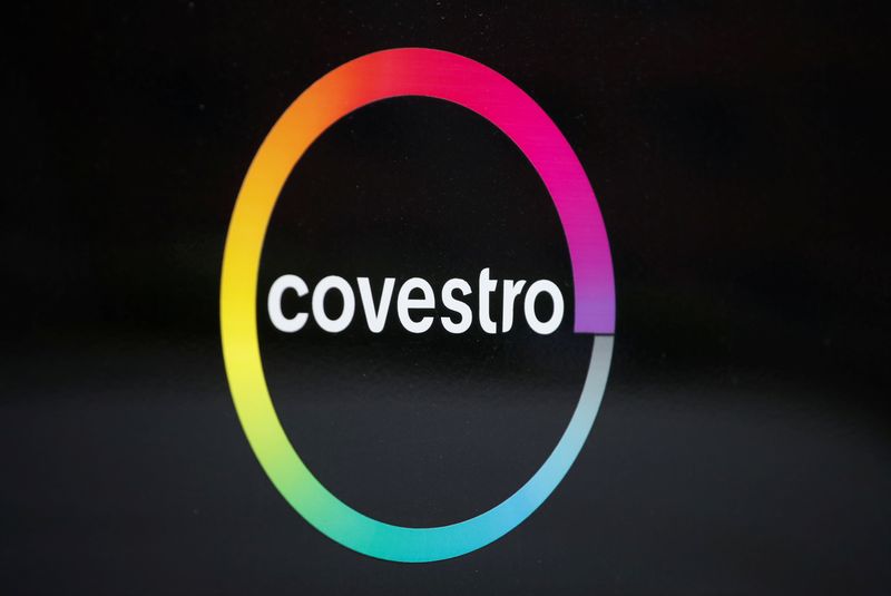 The logo of German chemicals maker Covestro is pictured outside