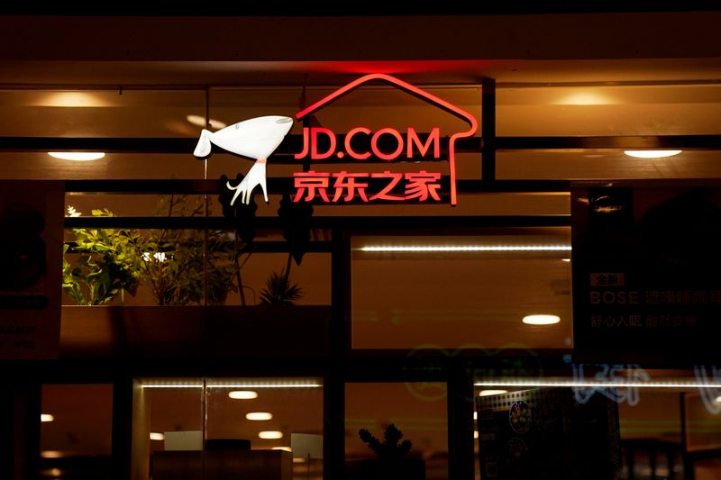 FILE PHOTO: A sign of China’s e-commerce company JD.com is