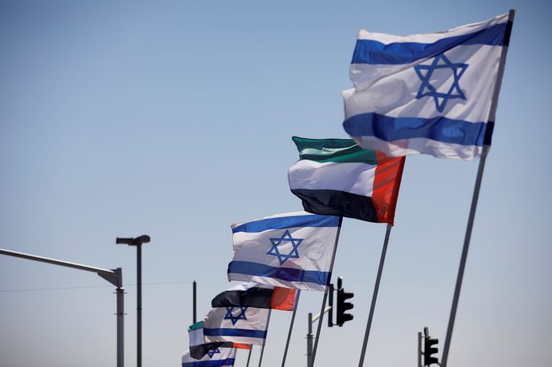 FILE PHOTO: The national flags of Israel and the United