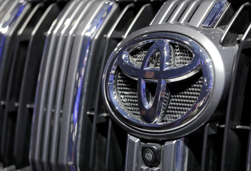 The Toyota company logo is pictured at the India Auto