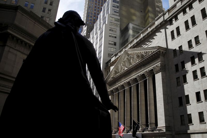 The New York Stock Exchange building is seen past a