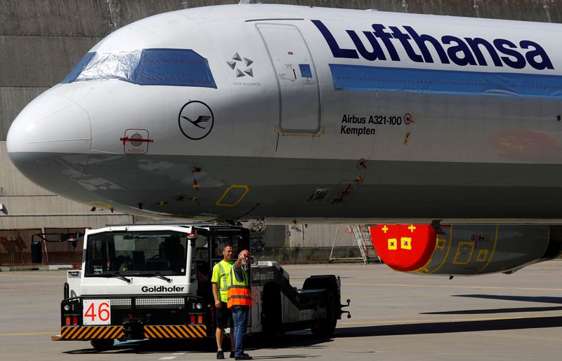 FILE PHOTO: A Lufthansa aircraft at the airport in Frankfurt,
