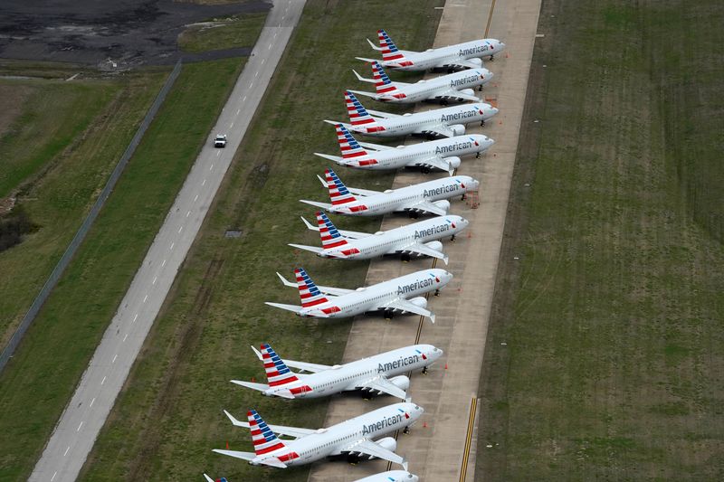 American Airlines 737 max passenger planes are parked on the