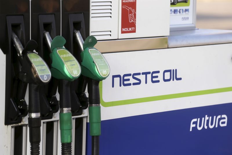 Fuel pumps are pictured at a Neste Oil gas station