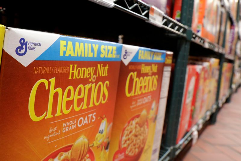 FILE PHOTO: General Mills cereals rest on a shelf inside