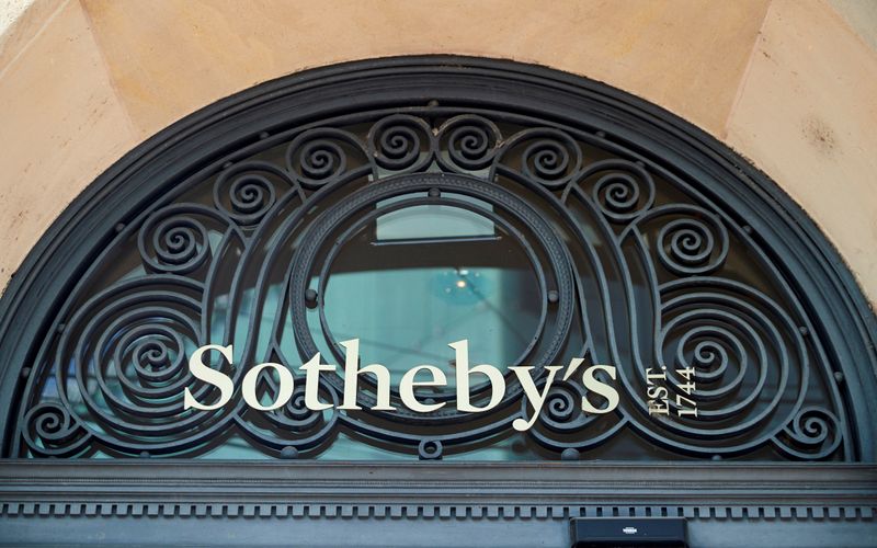 A logo is pictured on Sotheby’s before the resuming of