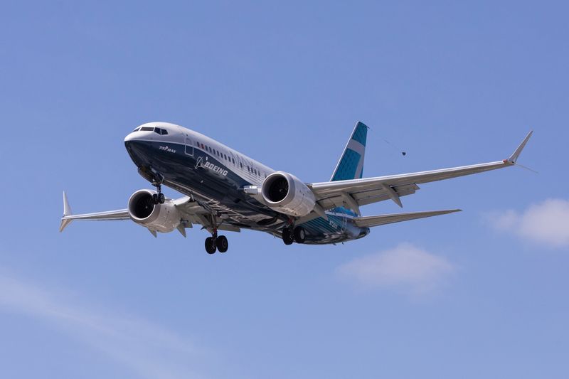 A Boeing 737 MAX airplane lands after a test flight