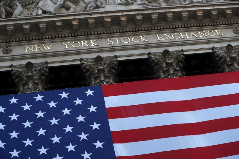 The U.S. flag is seen on the New York Stock