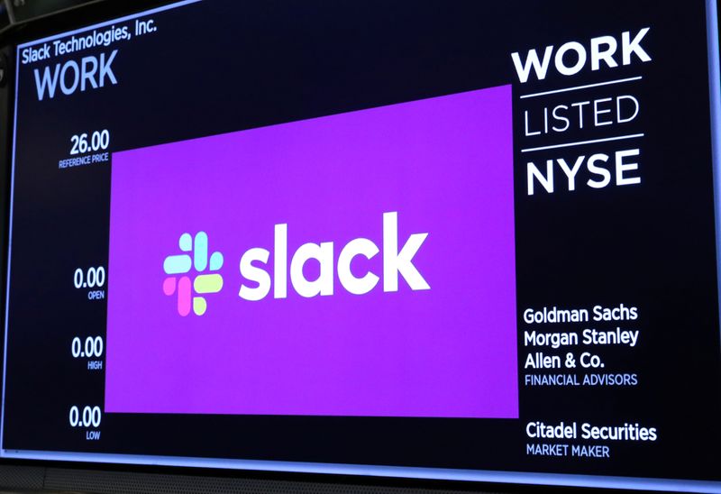 The Slack Technologies Inc. logo is seen on a display