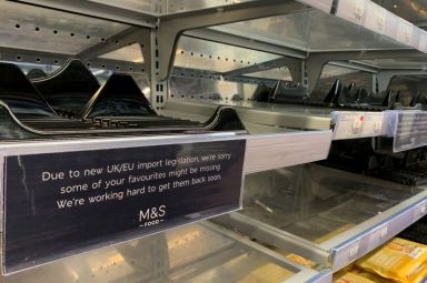 Empty shelves at a Marks and Spencer food store in
