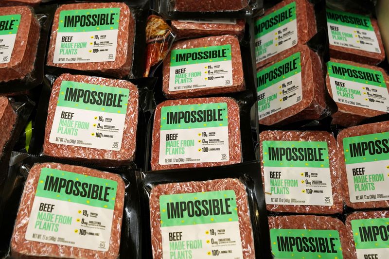 Impossible Foods plant-based beef products are seen at the meat