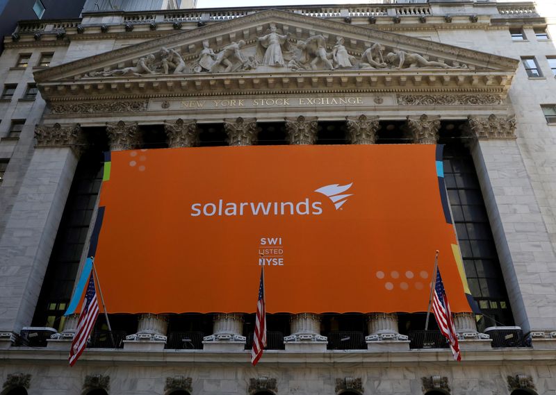 FILE PHOTO: FILE PHOTO: SolarWinds Corp. banner hangs on the