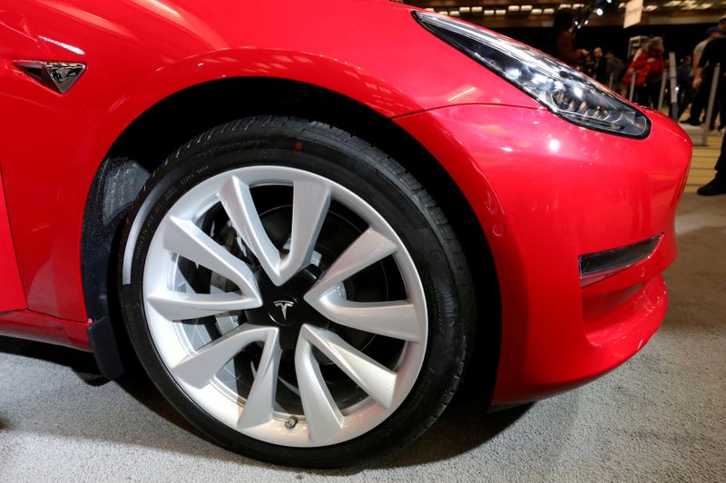 FILE PHOTO: A Tesla Model 3 electric vehicle is displayed