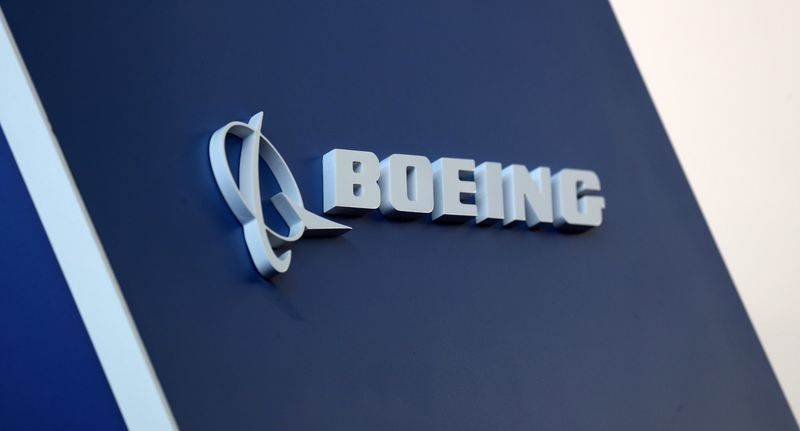 The Boeing logo is pictured at the LABACE fair in