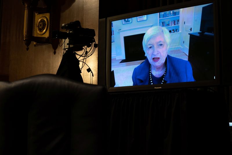 Yellen participates remotely in a Senate Finance Committee hearing in