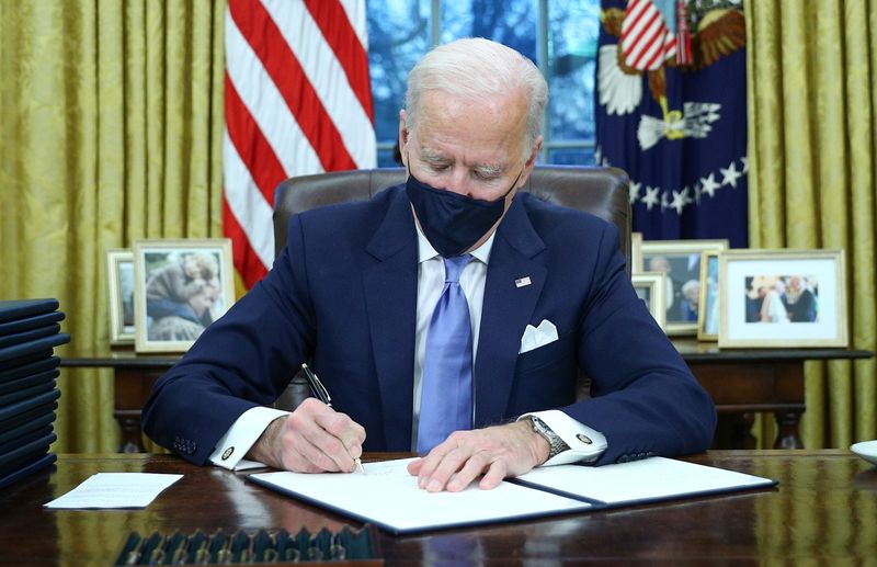 President Joe Biden signs executive orders inside the Oval Office