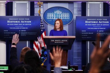 White House Press Secretary Jen Psaki speaks in the James