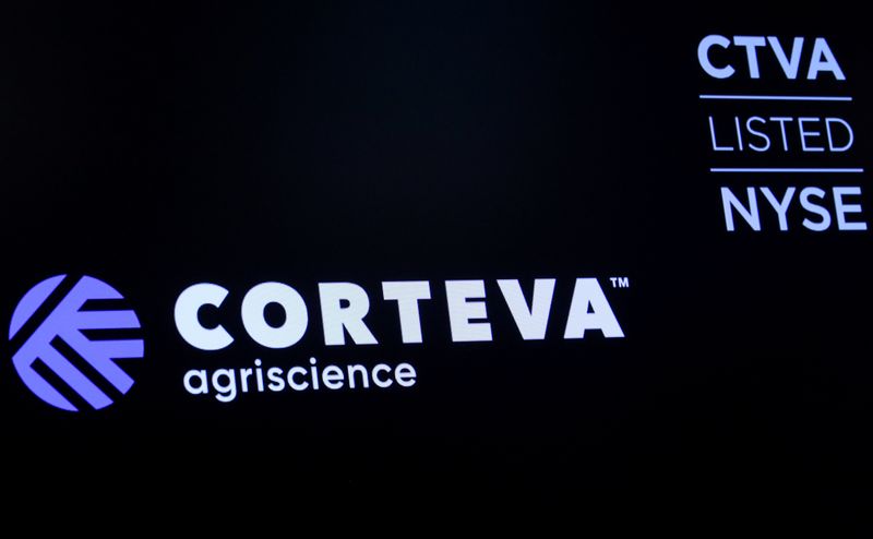 FILE PHOTO: The logo and trading info for Corteva Agriscience,