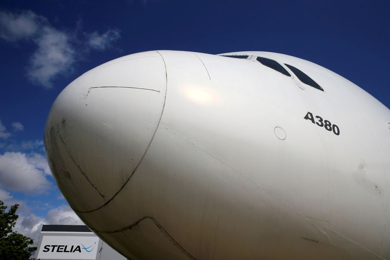 FILE PHOTO: The nose of an Airbus A380 is seen