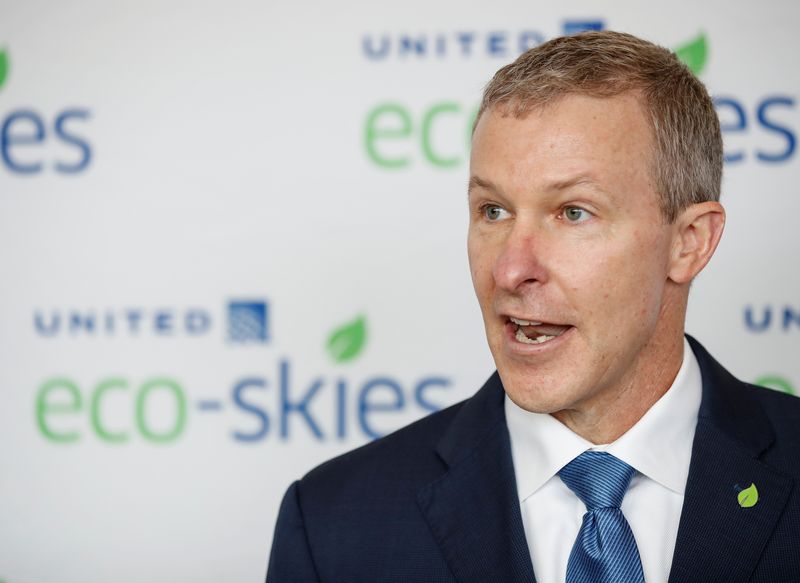 FILE PHOTO: United Airlines president Scott Kirby speaks at O’Hare