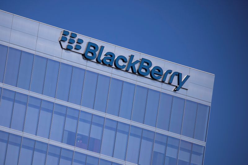 The Blackberry logo is shown on a office tower in
