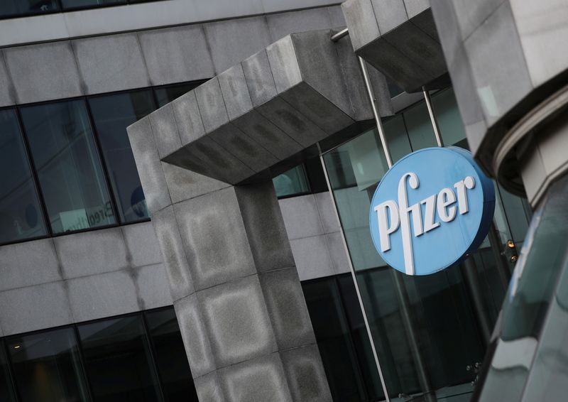FILE PHOTO: The Pfizer logo is pictured in Brussels