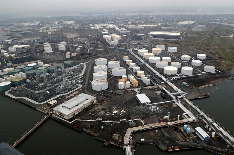 General view of oil tanks and the Bayway Refinery of