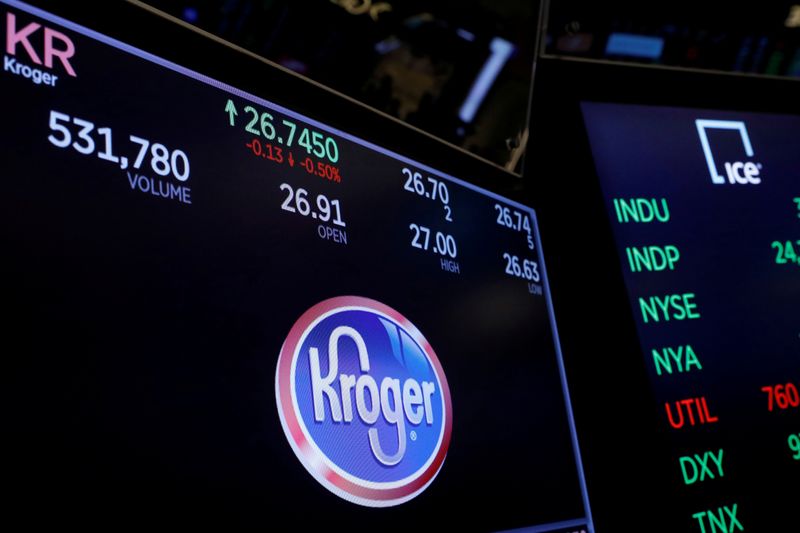 A logo of Kroger is displayed on a monitor above
